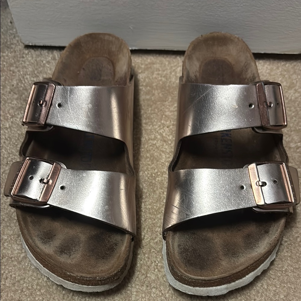 Metallic Silver Double Strap Sandals